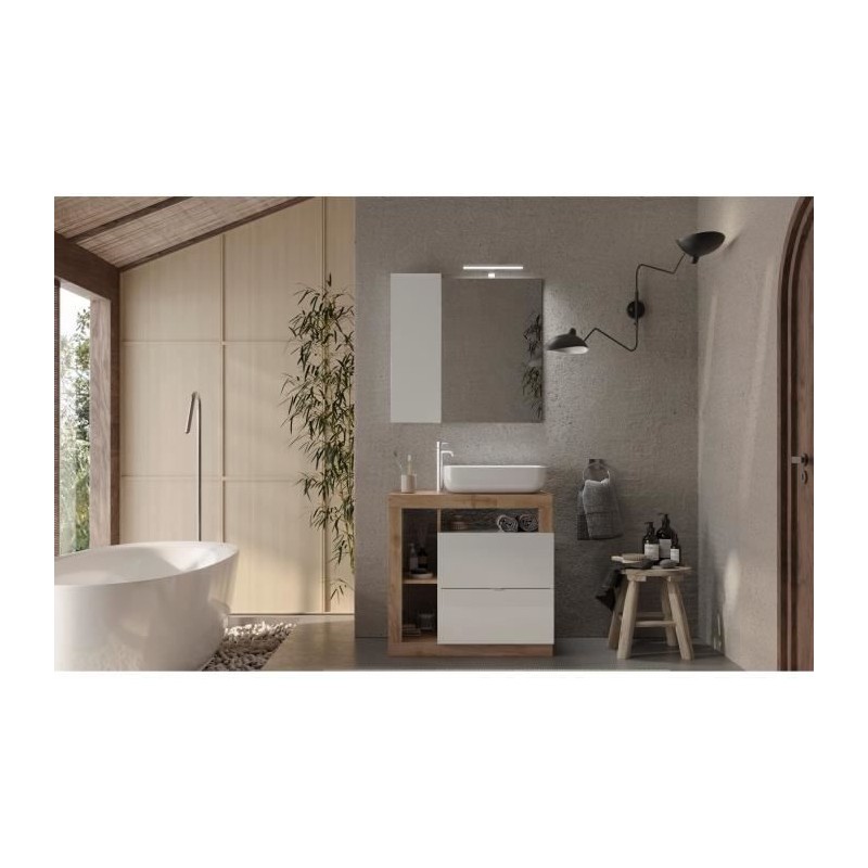 Meuble simple vasque salle de bain L78cm - Coloris chene clair et laqu