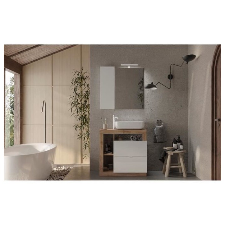 Meuble simple vasque salle de bain L78cm - Coloris chene clair et laqué blanc - HAMBOURG Meuble simple vasque salle de bain L78cm - Coloris chene clair et laqué blanc - HAMBOURG