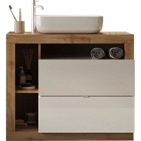 Meuble simple vasque salle de bain L78cm - Coloris chene clair et laqué blanc - HAMBOURG