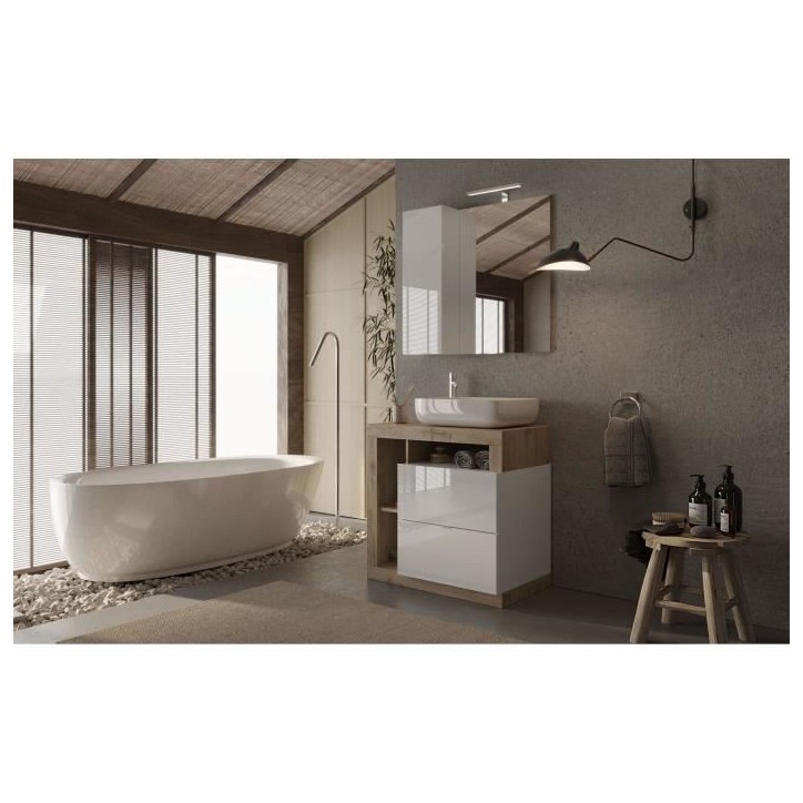 Meuble simple vasque salle de bain L78cm - Coloris chene clair et laqué blanc - HAMBOURG Meuble simple vasque salle de bain L78cm - Coloris chene clair et laqué blanc - HAMBOURG