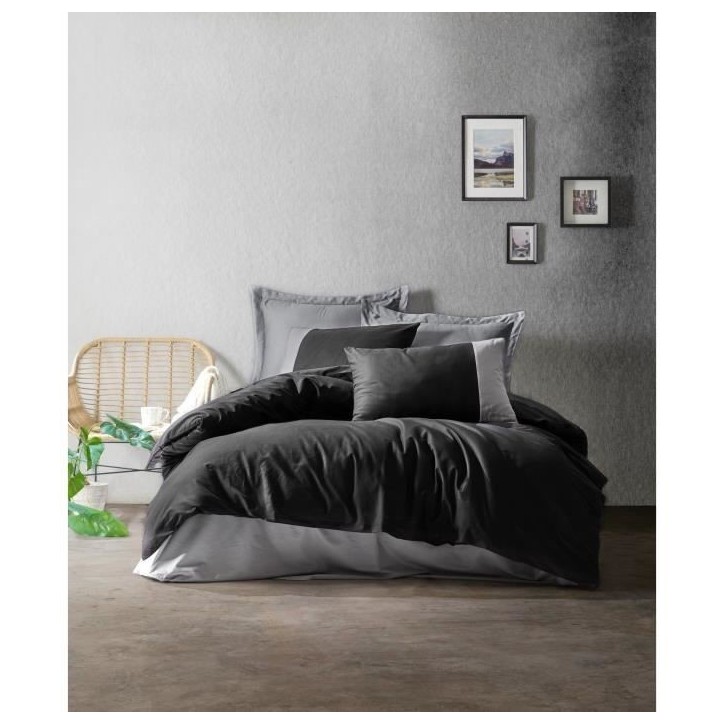 Parure de lit - 1 housse de couette 220 x 240 cm + 2 taies d'oreiller 60 x 60 cm - 100% coton renforcé - Noir