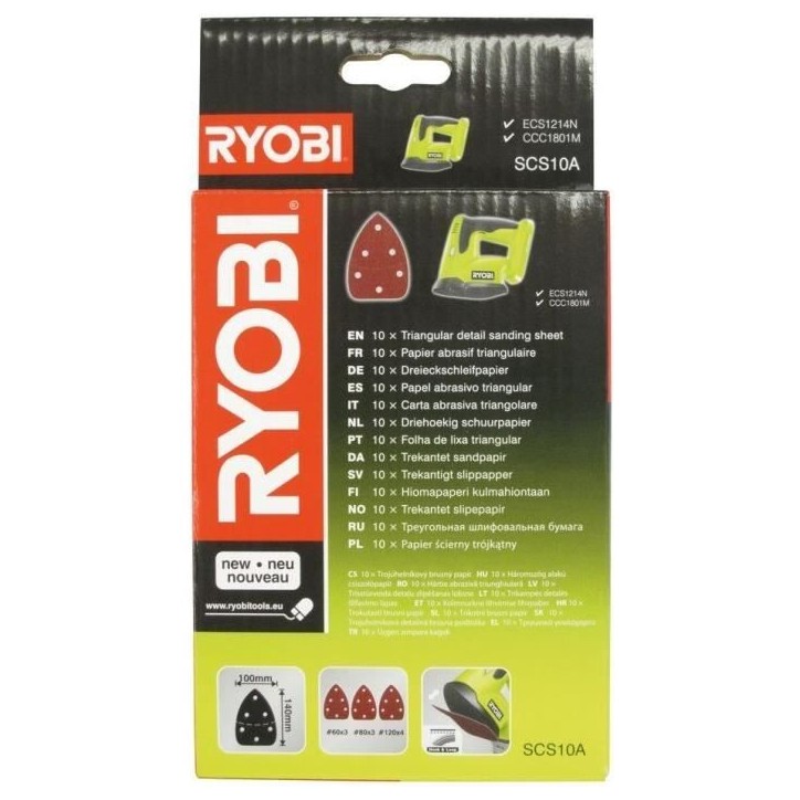 RYOBI - Assortiment 10 abrasifs auto-agrippants 140x100 pour ponceuse triangulaire R18PS-0 - SCS10A1