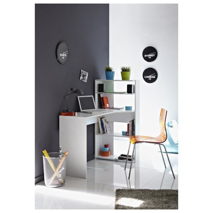 Bureau d'angle contemporain PARISOT JUNE - Blanc - L 122 cm - 1 plateau, 2 tablettes Bureau d'angle contemporain PARISOT JUNE - Blanc - L 122 cm - 1 plateau, 2 tablettes