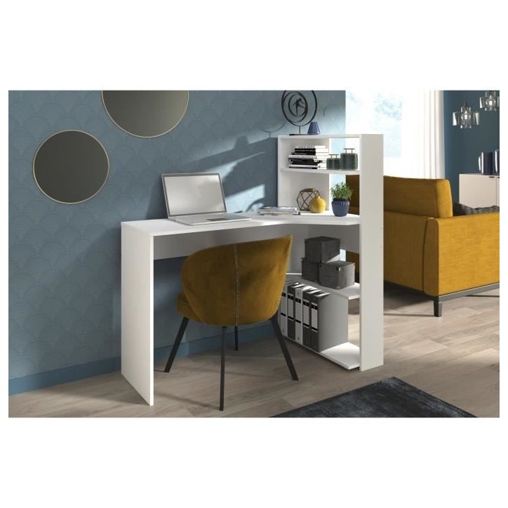 Bureau d'angle contemporain PARISOT JUNE - Blanc - L 122 cm - 1 plateau, 2 tablettes Bureau d'angle contemporain PARISOT JUNE - Blanc - L 122 cm - 1 plateau, 2 tablettes