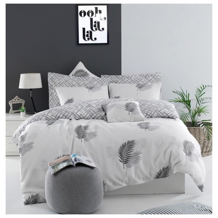 Parure de lit - 1 housse de couette 220 x 240 cm + 2 taies d'oreiller 60 x 60 cm - 65% coton, 35% polyester - Gris