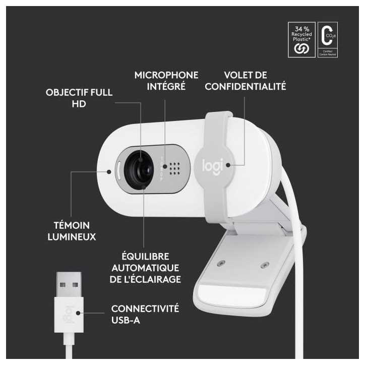 Webcam - Full HD 1080p - Logitech - Brio 100 - Microphone intégré - Blanc Webcam - Full HD 1080p - Logitech - Brio 100 - Microphone intégré - Blanc