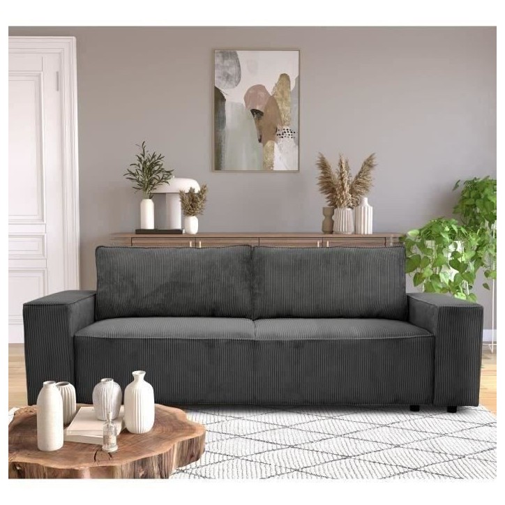Canapé convertible 3 places JOSH - Velours côtelé Anthracite - Coffre de rangement - L 197 x P 117 x H 65 cm Canapé convertible 3 places JOSH - Velours côtelé Anthracite - Coffre de rangement - L 197 x P 117 x H 65 cm