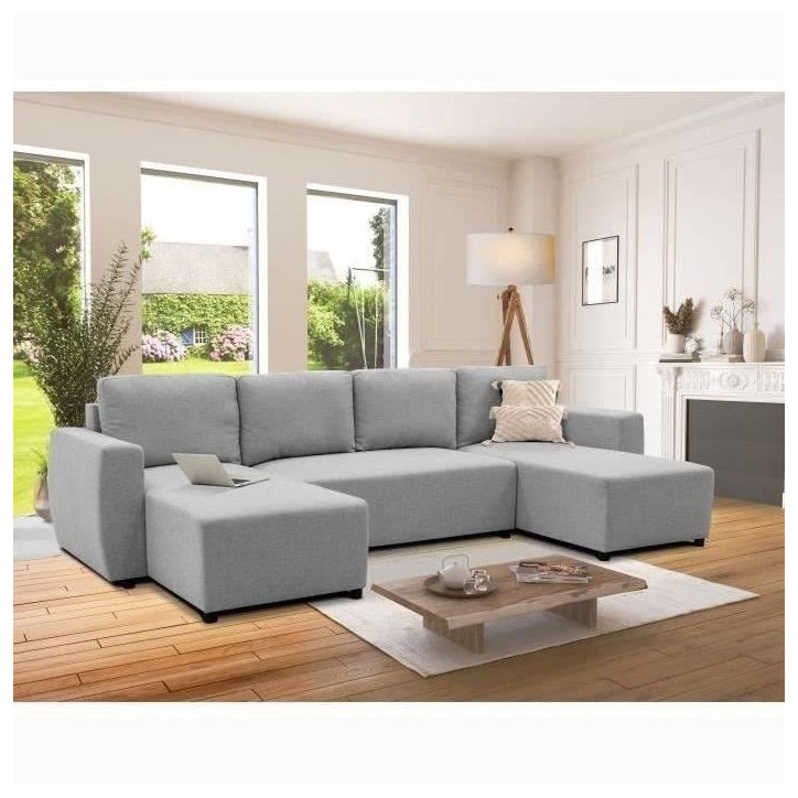 Canapé d'angle convertible panoramique PHARELL 5/6 places - Tissu souris - Coffre de rangement - L297 x P155 x H85 cm Canapé d'angle convertible panoramique PHARELL 5/6 places - Tissu souris - Coffre de rangement - L297 x P155 x H85 cm