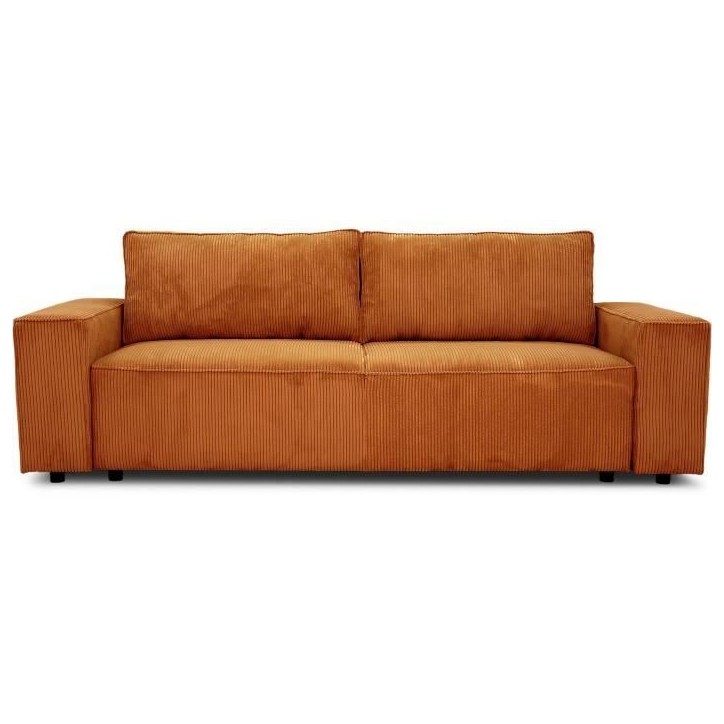 Canapé convertible 3 places JOSH - Tissu velours cotelé terracotta - L 239 x P 86 x H 85 cm - Coffre de rangement