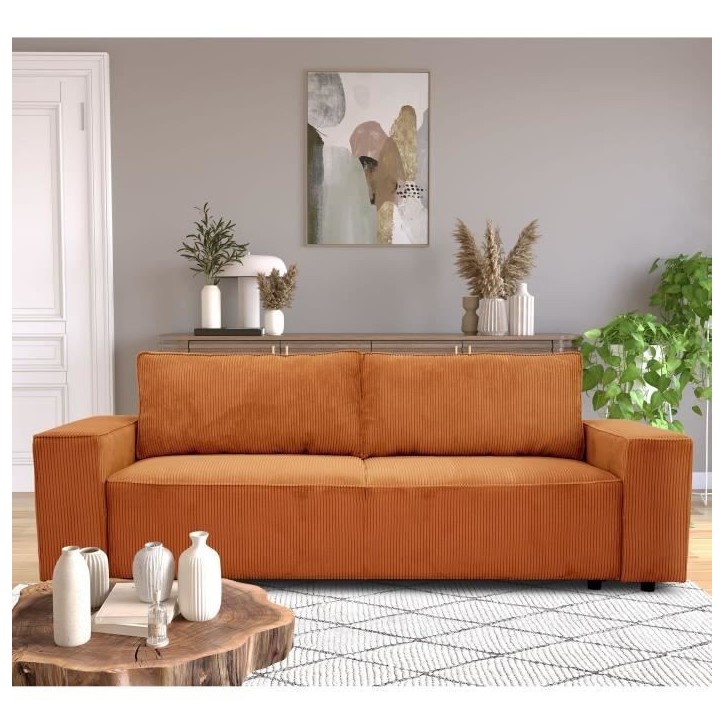 Canapé convertible 3 places JOSH - Tissu velours cotelé terracotta - L 239 x P 86 x H 85 cm - Coffre de rangement