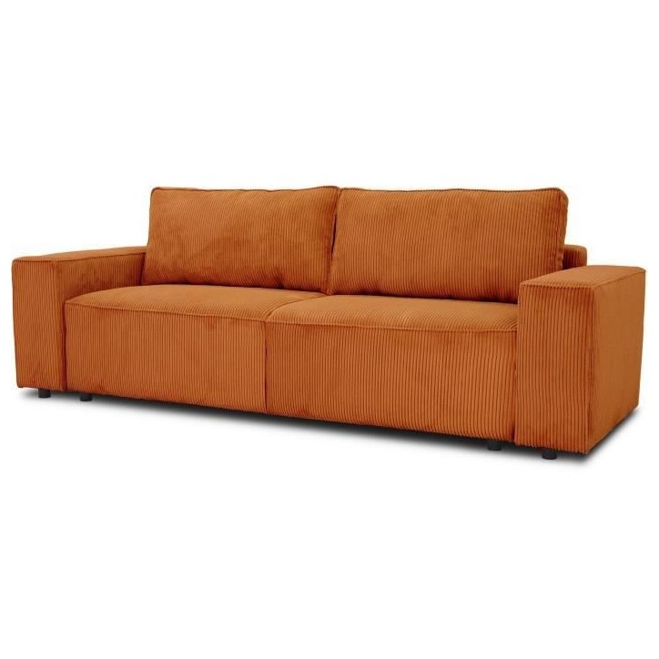 Canapé convertible 3 places JOSH - Tissu velours cotelé terracotta - L 239 x P 86 x H 85 cm - Coffre de rangement