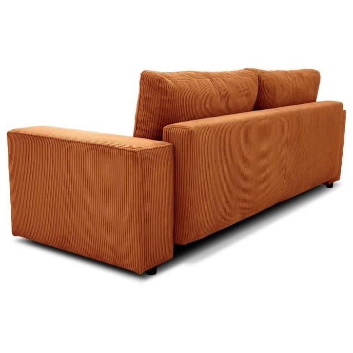 Canapé convertible 3 places JOSH - Tissu velours cotelé terracotta - L 239 x P 86 x H 85 cm - Coffre de rangement