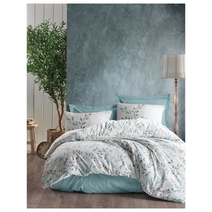 Parure de lit - 1 housse de couette 220 x 240 cm + 2 taies d'oreiller 60 x 60 cm - 100% coton renforcé - Menthe