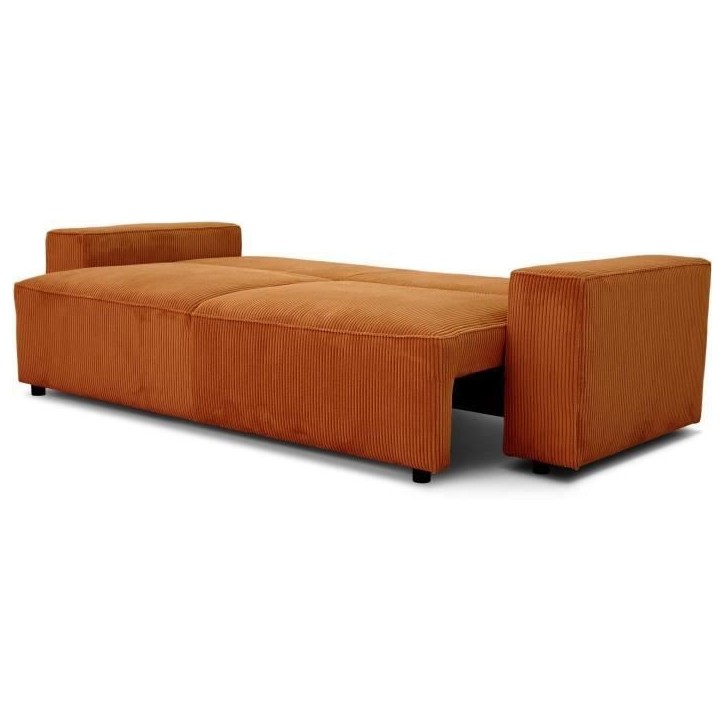 Canapé convertible 3 places JOSH - Tissu velours cotelé terracotta - L 239 x P 86 x H 85 cm - Coffre de rangement