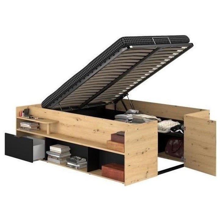 ODYSSEE Lit coffre adulte - 140x190 / 200 cm - Avec coffre relevable - Décor chene et noir - 166,2 x 66,5 x 205,8 cm ODYSSEE Lit coffre adulte - 140x190 / 200 cm - Avec coffre relevable - Décor chene et noir - 166,2 x 66,5 x 205,8 cm