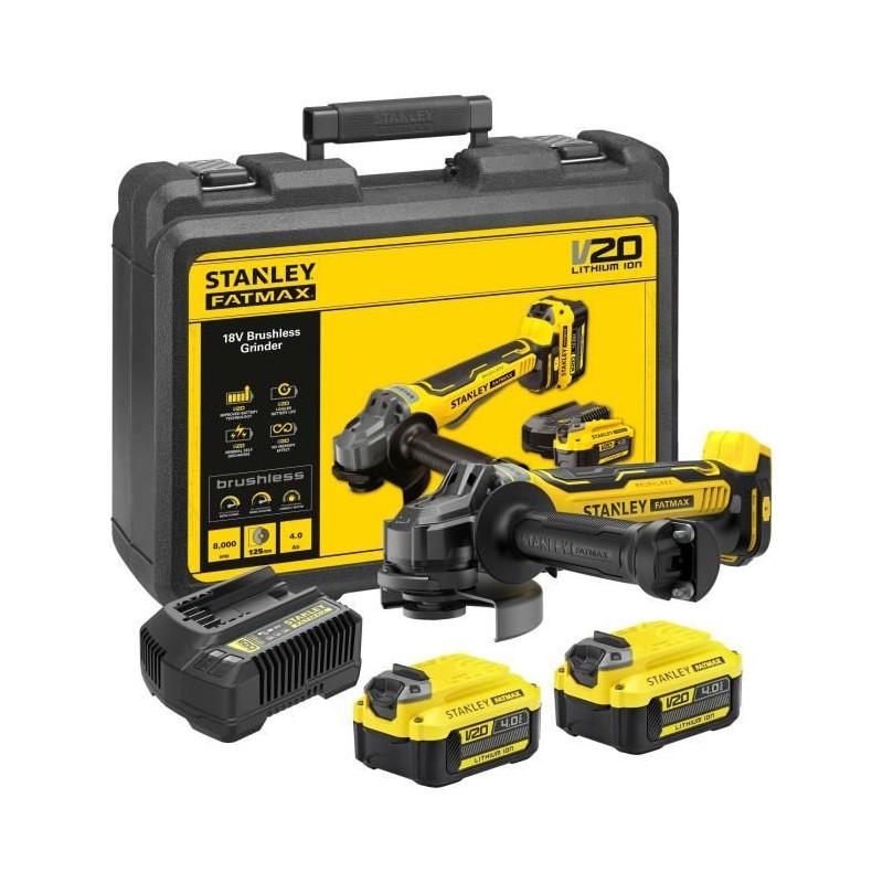 Meuleuse d'angle sans fil + 2 batteries 4Ah + chargeur 2A - Stanley Fa