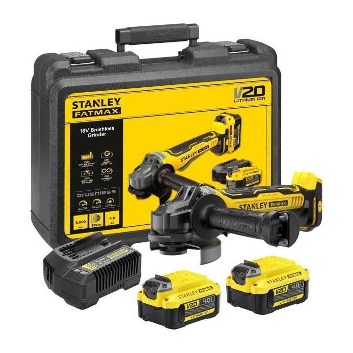Meuleuse d'angle sans fil + 2 batteries 4Ah + chargeur 2A - Stanley Fatmax - Brushless - SFMCG700M2K-QW - 18V - 125 mm