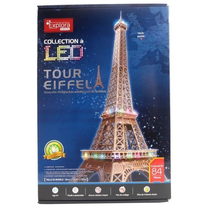 Maquette 3D - EXPLORA - Tour Eiffel - Lumineuse LED - 84 pieces - a monter soi-meme Maquette 3D - EXPLORA - Tour Eiffel - Lumineuse LED - 84 pieces - a monter soi-meme