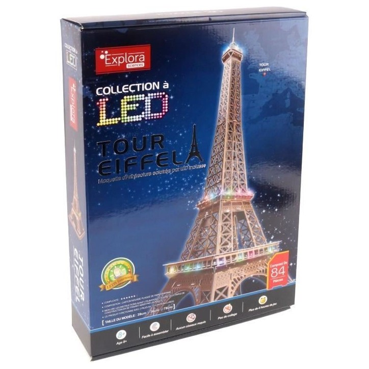 Maquette 3D - EXPLORA - Tour Eiffel - Lumineuse LED - 84 pieces - a monter soi-meme Maquette 3D - EXPLORA - Tour Eiffel - Lumineuse LED - 84 pieces - a monter soi-meme