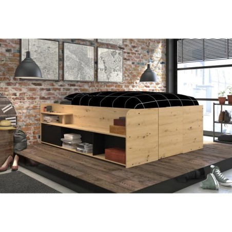 ODYSSEE Lit coffre adulte - 140x190 / 200 cm - Avec coffre relevable - Décor chene et noir - 166,2 x 66,5 x 205,8 cm