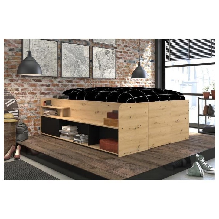 ODYSSEE Lit coffre adulte - 140x190 / 200 cm - Avec coffre relevable - Décor chene et noir - 166,2 x 66,5 x 205,8 cm ODYSSEE Lit coffre adulte - 140x190 / 200 cm - Avec coffre relevable - Décor chene et noir - 166,2 x 66,5 x 205,8 cm