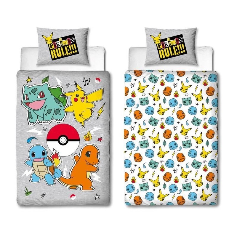 Parure de lit réversible - POKEMON - Pikachu et Starter - Gris - Micr Parure de lit réversible - POKEMON - Pikachu et Starter - Gris - Micr