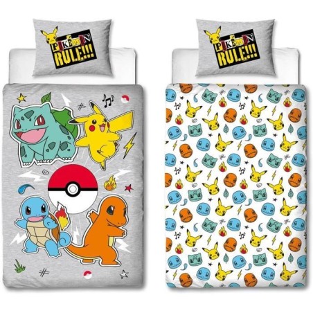 Parure de lit réversible - POKEMON - Pikachu et Starter - Gris - Micr