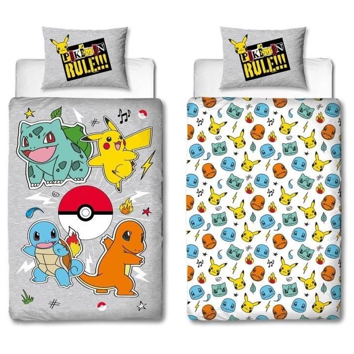 Parure de lit réversible - POKEMON - Pikachu et Starter - Gris - Microfibre - 1 housse de couette 140 x 200 cm + 1 taie 63 x 63 Parure de lit réversible - POKEMON - Pikachu et Starter - Gris - Microfibre - 1 housse de couette 140 x 200 cm + 1 taie 63 x 63