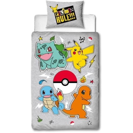 Parure de lit réversible - POKEMON - Pikachu et Starter - Gris - Microfibre - 1 housse de couette 140 x 200 cm + 1 taie 63 x 63