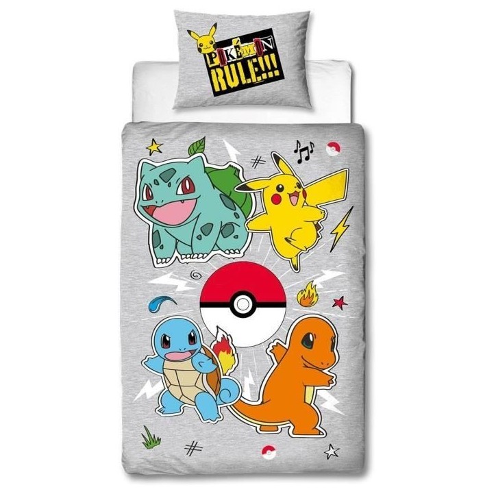 Parure de lit réversible - POKEMON - Pikachu et Starter - Gris - Microfibre - 1 housse de couette 140 x 200 cm + 1 taie 63 x 63 Parure de lit réversible - POKEMON - Pikachu et Starter - Gris - Microfibre - 1 housse de couette 140 x 200 cm + 1 taie 63 x 63