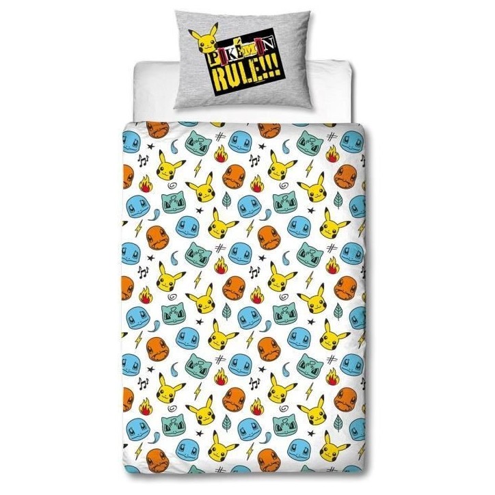 Parure de lit réversible - POKEMON - Pikachu et Starter - Gris - Microfibre - 1 housse de couette 140 x 200 cm + 1 taie 63 x 63 Parure de lit réversible - POKEMON - Pikachu et Starter - Gris - Microfibre - 1 housse de couette 140 x 200 cm + 1 taie 63 x 63