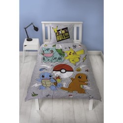 Parure de lit réversible - POKEMON - Pikachu et Starter - Gris - Micr
