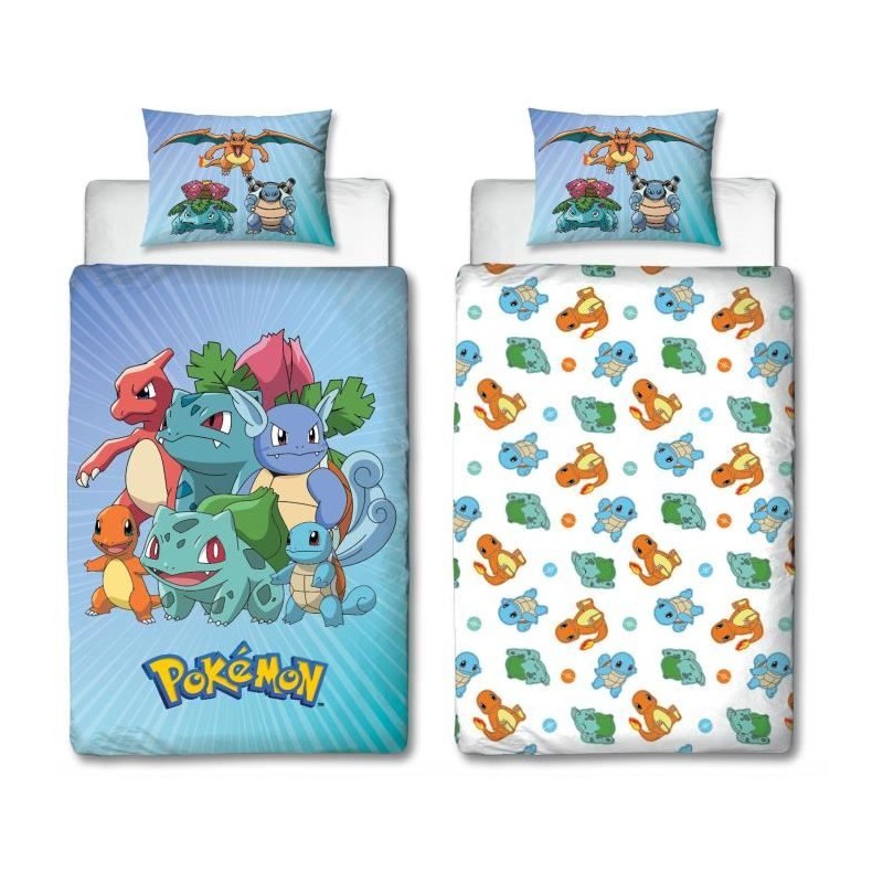 Parure de lit réversible - POKEMON - Pikachu et Starter - Bleu - Micr Parure de lit réversible - POKEMON - Pikachu et Starter - Bleu - Micr