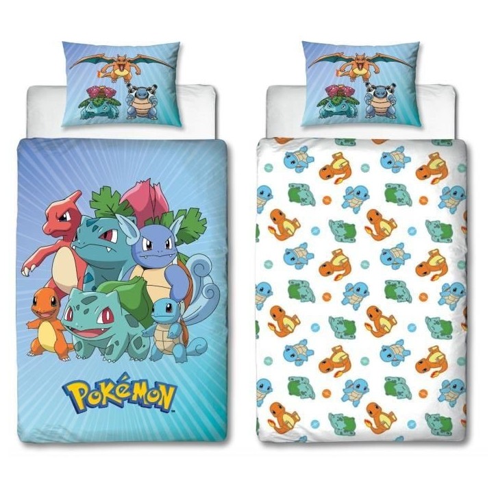Parure de lit réversible - POKEMON - Pikachu et Starter - Bleu - Microfibre - 1 housse de couette 140 x 200 cm + 1 taie 63 x 63 Parure de lit réversible - POKEMON - Pikachu et Starter - Bleu - Microfibre - 1 housse de couette 140 x 200 cm + 1 taie 63 x 63