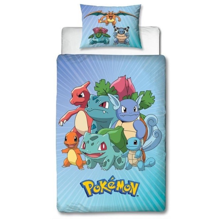 Parure de lit réversible - POKEMON - Pikachu et Starter - Bleu - Microfibre - 1 housse de couette 140 x 200 cm + 1 taie 63 x 63 Parure de lit réversible - POKEMON - Pikachu et Starter - Bleu - Microfibre - 1 housse de couette 140 x 200 cm + 1 taie 63 x 63