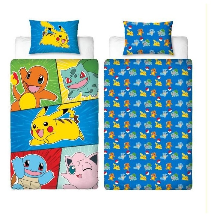 Parure de lit - POKEMON - Pikachu et Starter 1G V - Microfibre - 1 housse de couette 140 x 200 cm + 1 taie 63 x 63 cm Parure de lit - POKEMON - Pikachu et Starter 1G V - Microfibre - 1 housse de couette 140 x 200 cm + 1 taie 63 x 63 cm