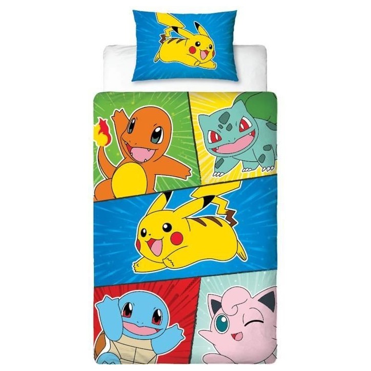 Parure de lit - POKEMON - Pikachu et Starter 1G V - Microfibre - 1 housse de couette 140 x 200 cm + 1 taie 63 x 63 cm Parure de lit - POKEMON - Pikachu et Starter 1G V - Microfibre - 1 housse de couette 140 x 200 cm + 1 taie 63 x 63 cm