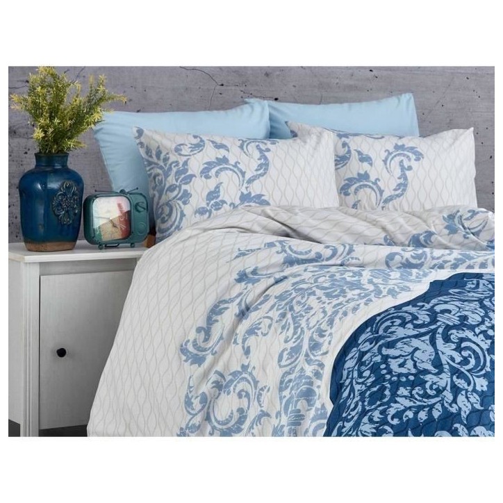 Parure de lit - 1 housse de couette 220 x 240 cm + 2 taies d'oreiller 60 x 60 cm - 100% coton renforcé - Bleu Parure de lit - 1 housse de couette 220 x 240 cm + 2 taies d'oreiller 60 x 60 cm - 100% coton renforcé - Bleu