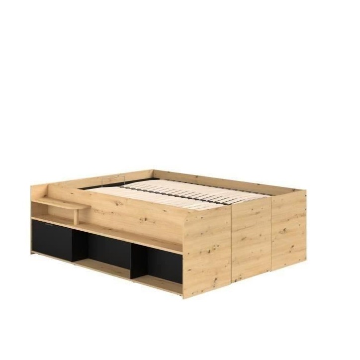 ODYSSEE Lit coffre adulte - 140x190 / 200 cm - Avec coffre relevable - Décor chene et noir - 166,2 x 66,5 x 205,8 cm ODYSSEE Lit coffre adulte - 140x190 / 200 cm - Avec coffre relevable - Décor chene et noir - 166,2 x 66,5 x 205,8 cm