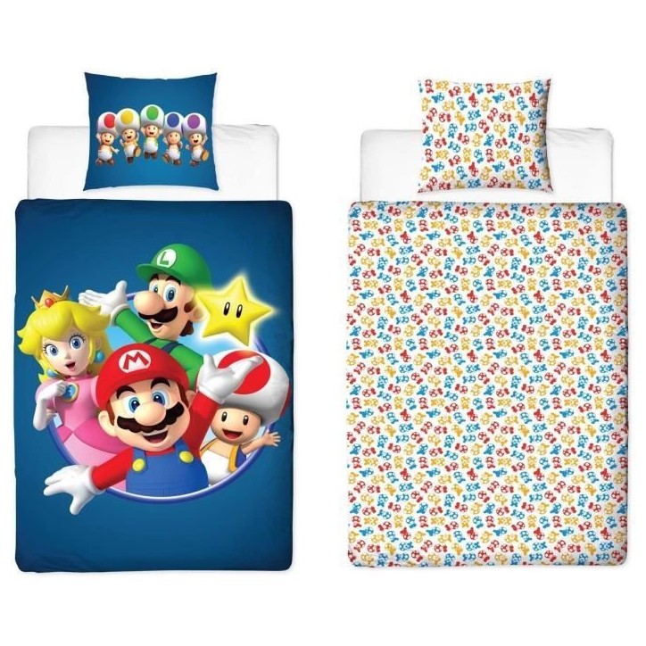 Parure de lit réversible - MARIO BROS - Mario et ses amis - Microfibre - 1 housse de couette 140 x 200 cm + 1 taie 63 x 63 cm Parure de lit réversible - MARIO BROS - Mario et ses amis - Microfibre - 1 housse de couette 140 x 200 cm + 1 taie 63 x 63 cm