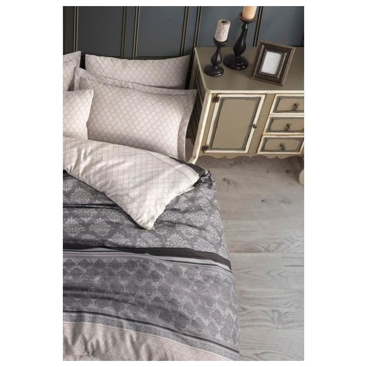 Parure de lit - 1 housse de couette 220 x 240 cm + 2 taies d'oreiller 60 x 60 cm - 65% coton, 35% polyester - Gris