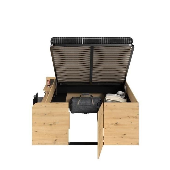 ODYSSEE Lit coffre adulte - 140x190 / 200 cm - Avec coffre relevable - Décor chene et noir - 166,2 x 66,5 x 205,8 cm ODYSSEE Lit coffre adulte - 140x190 / 200 cm - Avec coffre relevable - Décor chene et noir - 166,2 x 66,5 x 205,8 cm