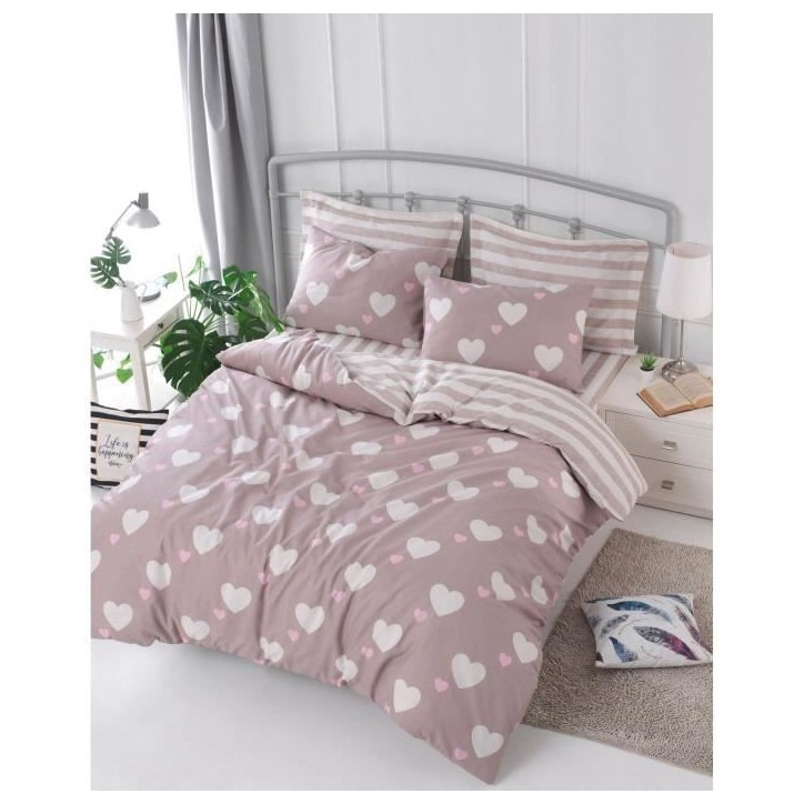 Parure de lit - 1 housse de couette 220 x 240 cm + 2 taies d'oreiller 60 x 60 cm - 65% coton, 35% polyester - Rose Parure de lit - 1 housse de couette 220 x 240 cm + 2 taies d'oreiller 60 x 60 cm - 65% coton, 35% polyester - Rose