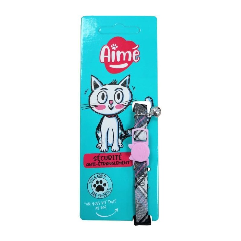 Collier pour chat - AIME - Tartan rose - Jean bleu, fleur caramel, gre