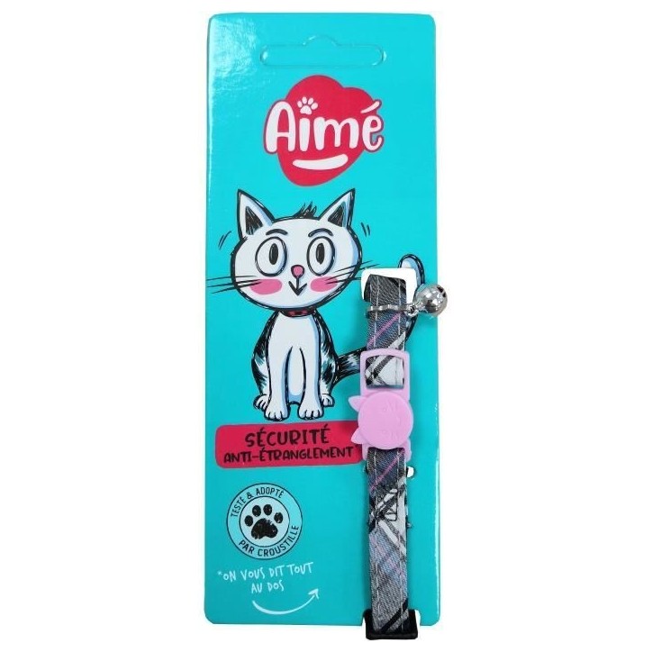 Collier pour chat - AIME - Tartan rose - Jean bleu, fleur caramel, grelot doré