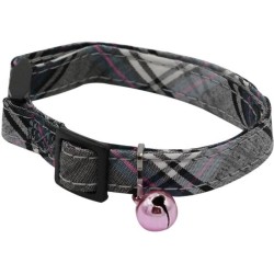 Collier pour chat - AIME - Tartan rose - Jean bleu, fleur caramel, gre