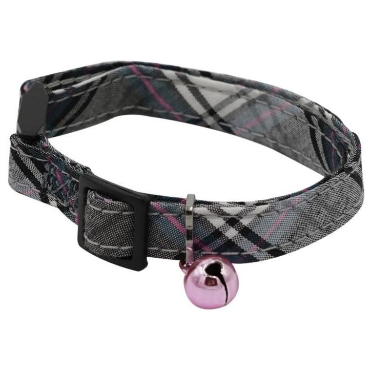 Collier pour chat - AIME - Tartan rose - Jean bleu, fleur caramel, grelot doré