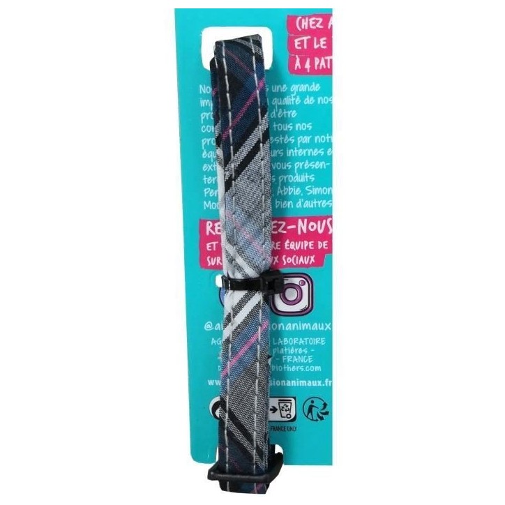 Collier pour chat - AIME - Tartan rose - Jean bleu, fleur caramel, grelot doré