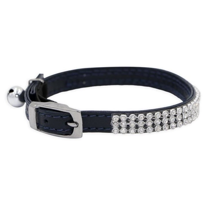 Collier pour chat - AIME - Ajustable 18-28 cm - Nylon avec grelot en argent - Noir strass