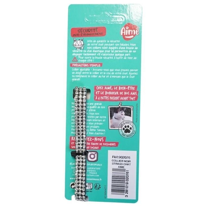 Collier pour chat - AIME - Ajustable 18-28 cm - Nylon avec grelot en argent - Noir strass